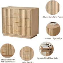 Fluted 6 Drawer Double Dresser For Bedroom, 47" Wide Modern Closet Dressers Chest Of Drawers, Wood Storage Dresser Organizer For Nursery Bedroom Living Room Hallway Closet, Walnut - 31.5吋寬三抽屜梳妝台(原木色) - 查看 7