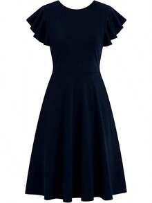 Women's Semi-Formal Ruffle Sleeve V-Back Work Fit And Flare Cocktail Knee Length Dress With Pockets, 2025 Style - 藏蓝色 - 查看 3