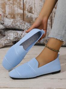 Women's Knitted Flat Square Toe Loafers, Comfortable Mother's Shoes, Breathable For Spring & Autumn
