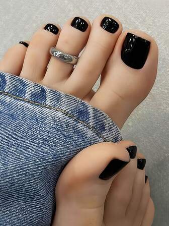 24 piezas de uñas postizas cuadradas para los dedos de los pies, puntas de uñas falsas de color negro natural de cobertura completa, suministros de arte de uñas