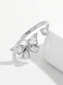 Vaerine 1pc Elegant Fashionable Simple Shiny Refined 925 Silver Cubic Zirconia Butterfly Adjustable Ring, Women Gift For Dating, Wedding, Proposal, To Showcase Charm