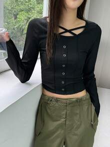 Women's Minimalist Solid Color Long Sleeve Shirt With Button Decor - Black - View 4