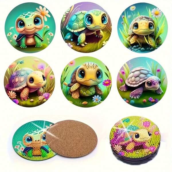 6pcs DIY Diamond Painting Coaster Set, Turtle Design, Wooden Diamond Art Mosaic Drink Coasters, Non-Slip Table Mats, Christmas Decor, Handmade Gift Set (Holder Not Included)