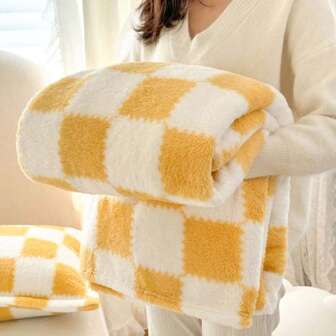 1pc Soft & Comfortable Plaid Blanket | Machine Washable, White Checkered Design, Suitable For Bedding, Camping Or Gift Giving, All Seasons | Modern Style | Soft Polyester Fabric