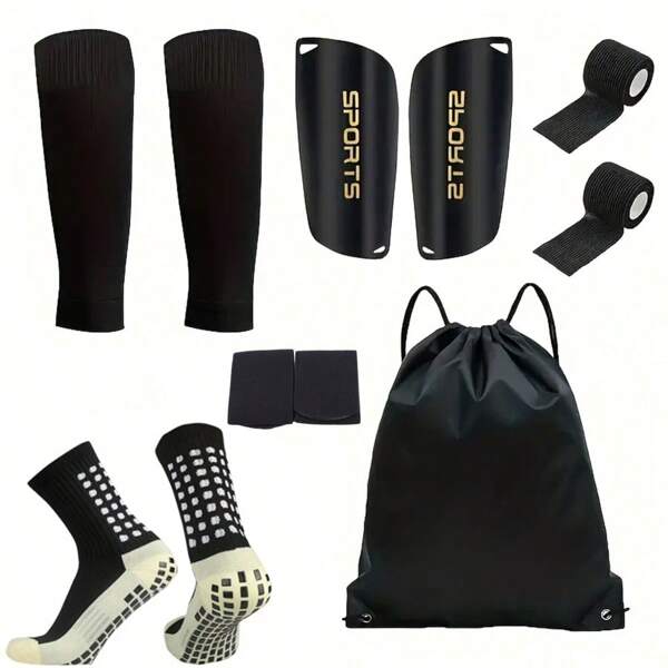 6PCS Soccer Gear Set Including Silicone Anti-Slip Soccer Socks, Shin Guards, Protective Equipment, Drawstring Backpack, Shin Guard Straps & Sports Tape - Made Of Polyester & Spandex Knit Tube Socks, Solid Color, Hand & Machine Washable