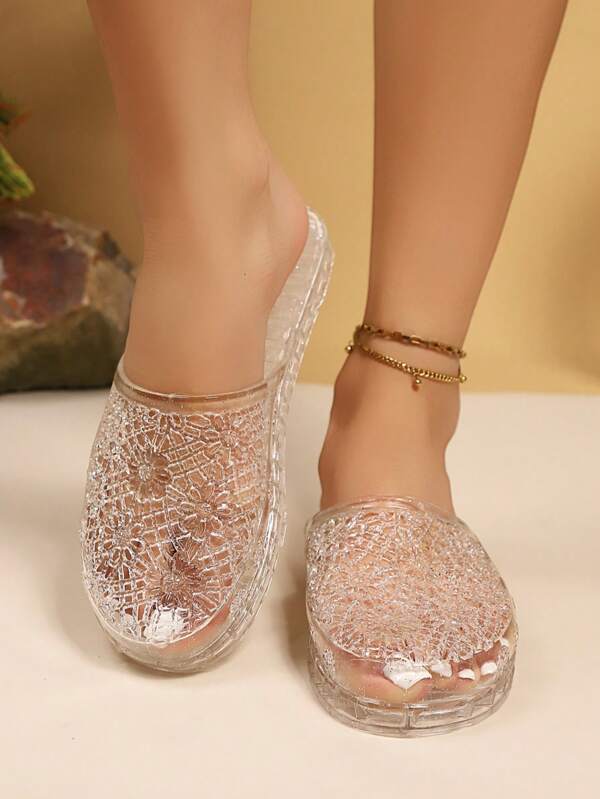 Fashionable Crystal Slippers For Teenagers, Personalized Transparent PU Upper, Girl's Crystal Princess Slippers Suitable For Indoor & Outdoor Wear