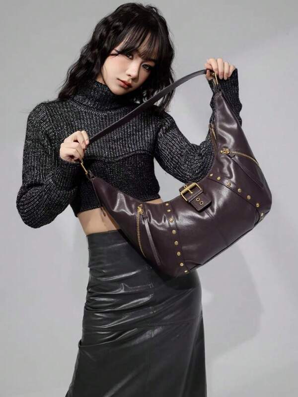 1pc Solid Color Rivet Decor PU Leather Dumpling Shaped Zipper Closure Niche Retro Edgy Shoulder Bag, Large Capacity Fashion Versatile Women Wallet, Suitable For Daily Commute, Party, Shopping