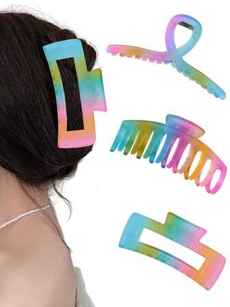 3pcs Jelly Gradient Color Square Claw Clips Combo, Personalized Hollow Hair Claw For Thick Hair Bun, Updo, Ponytail, Suitable For Outing, Party, Wedding, Holiday, Gift Idea Hair Clip Winter Hair Accessories