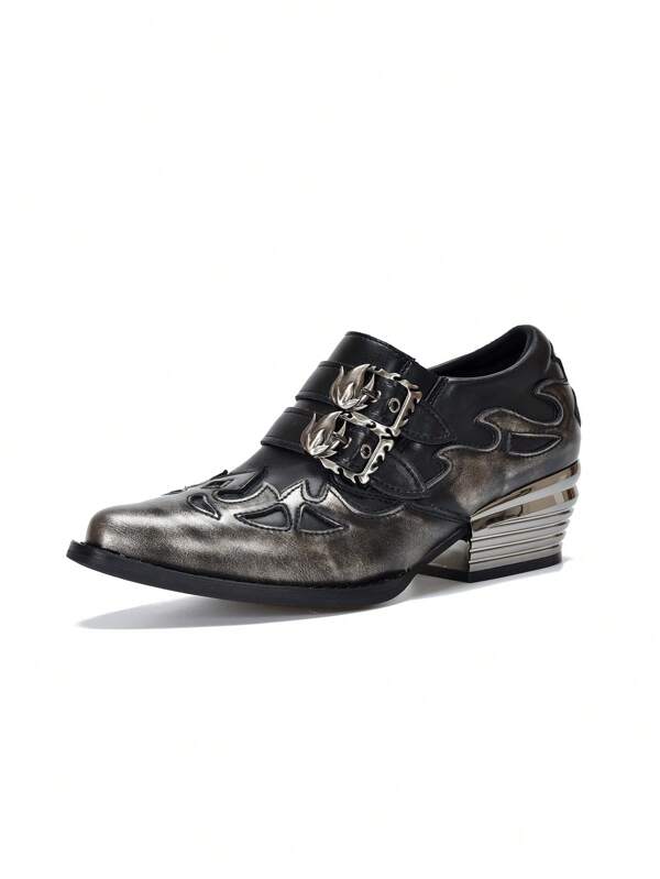 Vintage Chunky Heel Distressed Scale Pattern Chelsea Boots With Metal Detail & Elastic, Pull-On