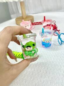 THE POWERPUFF GIRLS Fashionable & Versatile Cartoon Policewoman Milk Tea Cup Liquid Quicksand Keychain, Delicate Acrylic Key Ring Charm Pendant