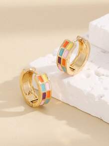 1 par de pendientes de cobre elegantes con estampado de tablero de ajedrez multicolor para mujer