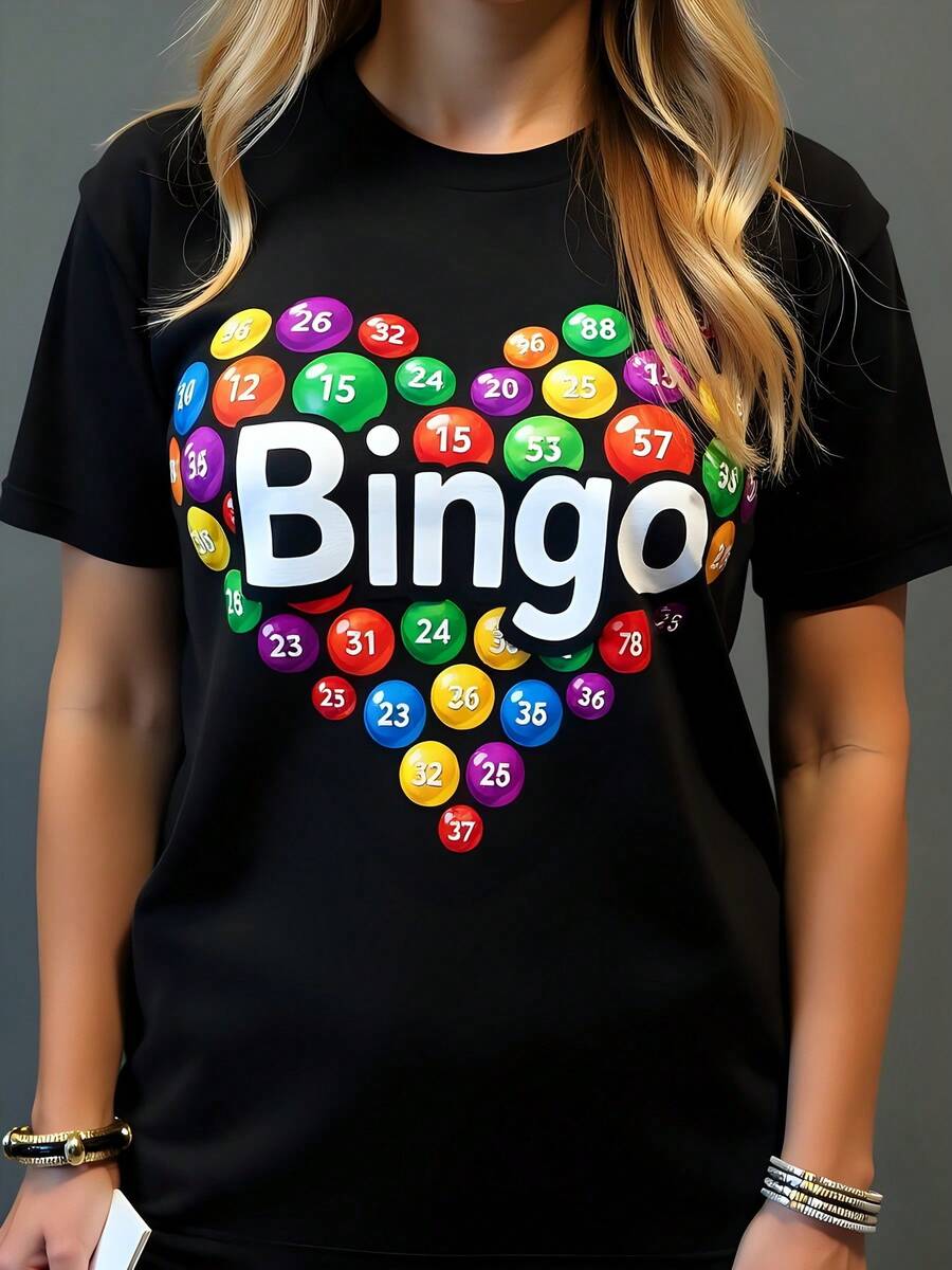 camiseta negra para mujer de algodón 180g cuello redondo estilo casual con diseño de bingo y números coloridos ideal para fiestas juegos familiares y regalos del día de la madre - Negro - Ver 1