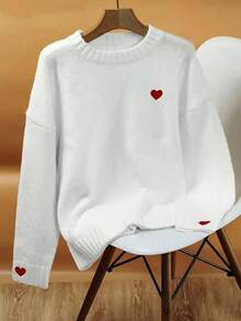 秋冬欧美简约休闲情人节情侣约会百搭爱心刺绣针织套头毛衣，大码女款 白色 - 白色 - 查看 5