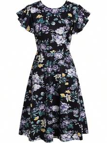 Women's Semi-Formal Ruffle Sleeve V-Back Work Fit And Flare Cocktail Knee Length Dress With Pockets, 2025 Style - Black Floral - 查看 3