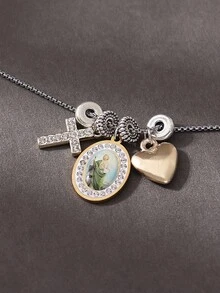 1 件经典时尚水钻镶嵌圣母玛利亚耶稣十字架和心形串珠项链，不锈钢休闲、派对、弥撒、聚会服装，适合女士 - 銀色 - 查看 9