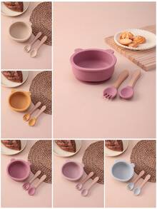 PopLittleOne 3PCS Baby Silicone Dinner Set Bear Shape Suction Bowl Wooden Handle Spoon Fork Training Learning Baby Stuff Non-Slip Baby Tableware - Multicolor - View 2
