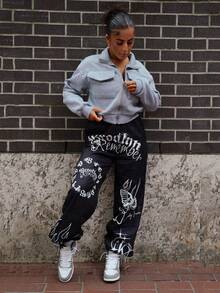 SAYEHFBABY Solid Zip Up Drop Shoulder Sweatshirt,Long Sleeve Tops - Grey - View 5