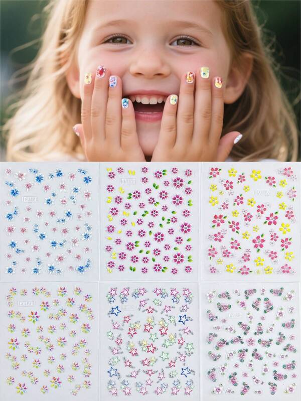 6 feuilles d'autocollants d'ongles à motifs de fleurs colorées et mignonnes, pour des cadeaux. Autocollants d'art pour ongles de style dessin animé, pour enfants et filles. Fournitures DIY pour ongles, idéal pour les cadeaux aux enfants.