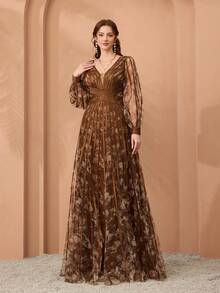 Mgiacy,New Arrival,V-Neck, Long-Sleeved Lantern Sleeves, Printed Mesh, Tie, Big Swing, High-End Evening Dress, For, Black Tie Event Dress