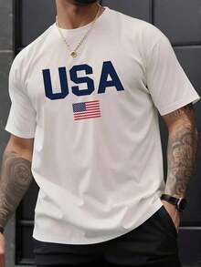 Camiseta de manga corta de cuello redondo casual con estampado de letras y bandera americana para hombres, verano 2025 - Blanco - Ver 1