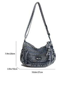 1 件新款纯色时尚牛仔背包，大容量拉链开合可调节肩带休闲小众设计男士单肩包/斜挎包，适合日常通勤、工作、上学、购物、自送礼