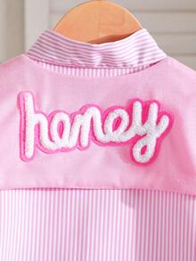 年轻女孩长袖条纹领衬衫，优雅“Honey”字母设计斗篷，时尚文艺范儿，适合春秋季休闲出游、聚会、度假 - 粉色 - 查看 5