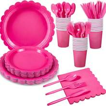 [100/175 Pieces Lace Dinner Plate Set]Lace Disposable Dinner Plates And Napkins, Pink, Blue, Green, Purple, White, And Rosy Red Dinner Plates, Party Supplies Set, Including Main Dinner Plates, Snack Plates, Paper Cups, Paper Napkins, And Knives And Spoons, Used For Garden Parties, Christening Showers, Weddings, Birthdays, Graduation Seasons, Afternoon Teas And Other Themed Parties, Disposable Tableware Set, Party Tableware Sets, Party Decorations, For Up To 25 Guests Use.The 100pcs Set Includes Dessert Plates, Dining Plates, Napkins, And Paper Cups, Without Cutlery. The 175pcs Set Includes Dessert Plates, Plates, Napkins, Paper Cups, And Cutlery Spoons/Knives/Forks.① 175pcs Set Includes: 25pcs Main Dinner Plates + 25pcs Snack Plates + 25pcs Paper Cups + 25pcs Paper Napkins + 25pcs Dinner Knives + 25pcs Dinner Forks + 25pcs Dinner Spoons  ② 100pcs Set Includes: 25pcs Main Dinner Plates + 25pcs Snack Plates + 25pcs Paper Cups + 25pcs Paper Napkins - 玫紅色 - 查看 1