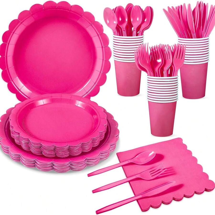 [100/175 Pieces Lace Dinner Plate Set]Lace Disposable Dinner Plates And Napkins, Pink, Blue, Green, Purple, White, And Rosy Red Dinner Plates, Party Supplies Set, Including Main Dinner Plates, Snack Plates, Paper Cups, Paper Napkins, And Knives And Spoons, Used For Garden Parties, Christening Showers, Weddings, Birthdays, Graduation Seasons, Afternoon Teas And Other Themed Parties, Disposable Tableware Set, Party Tableware Sets, Party Decorations, For Up To 25 Guests Use.The 100pcs Set Includes Dessert Plates, Dining Plates, Napkins, And Paper Cups, Without Cutlery. The 175pcs Set Includes Dessert Plates, Plates, Napkins, Paper Cups, And Cutlery Spoons/Knives/Forks.① 175pcs Set Includes: 25pcs Main Dinner Plates + 25pcs Snack Plates + 25pcs Paper Cups + 25pcs Paper Napkins + 25pcs Dinner Knives + 25pcs Dinner Forks + 25pcs Dinner Spoons  ② 100pcs Set Includes: 25pcs Main Dinner Plates + 25pcs Snack Plates + 25pcs Paper Cups + 25pcs Paper Napkins - 玫紅色 - 查看 1