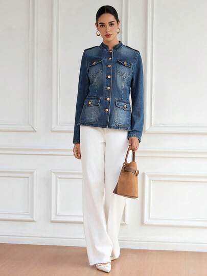 Christmas Halloween 25AW Elegant Military-Inspired Denim Jacket | Premium Gold Hardware | Perfect Silhouette Fit Knight-Style All Seasons Perfect For Office Lady