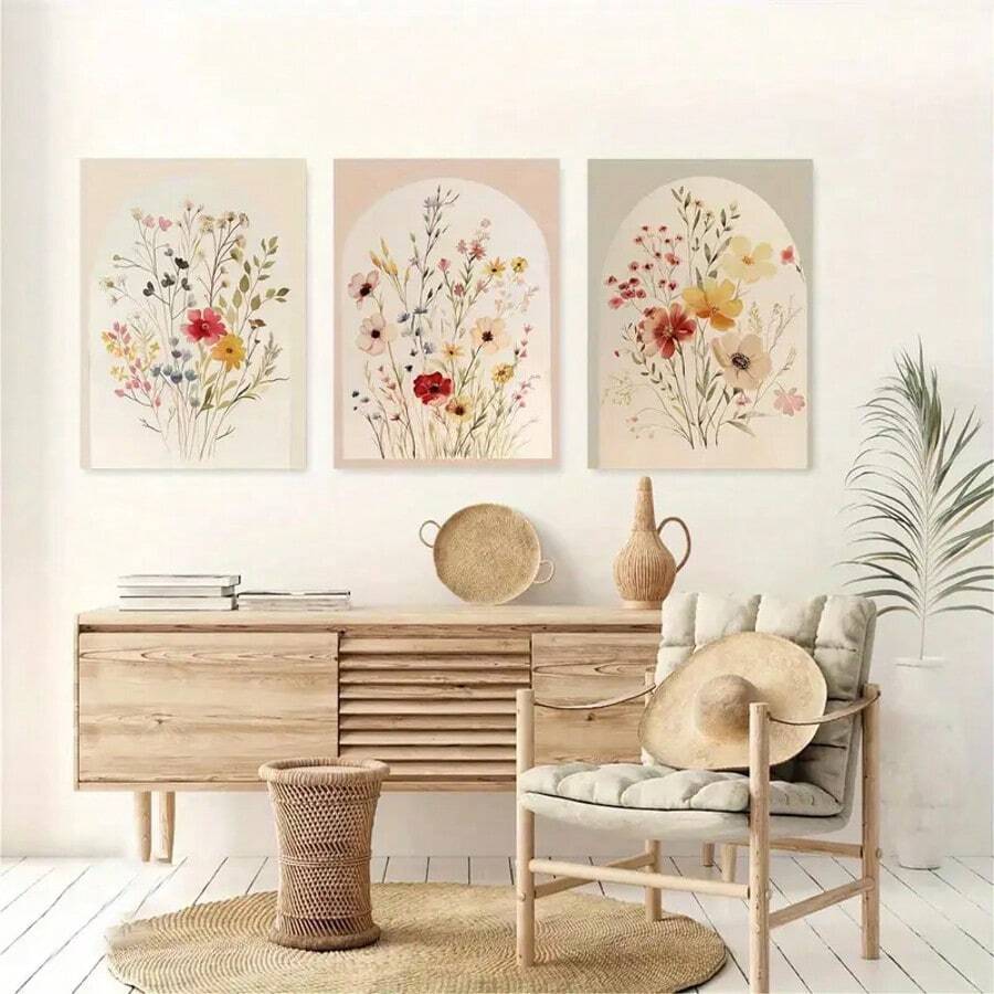 3 件无框水彩花卉墙画、波西米亚植物墙画、极简主义花束画、创意帆布海报、帆布墙画、艺术品墙画（可作为礼物、卧室、办公室墙面装饰、家居和宿舍装饰） - 杏色 - 查看 1