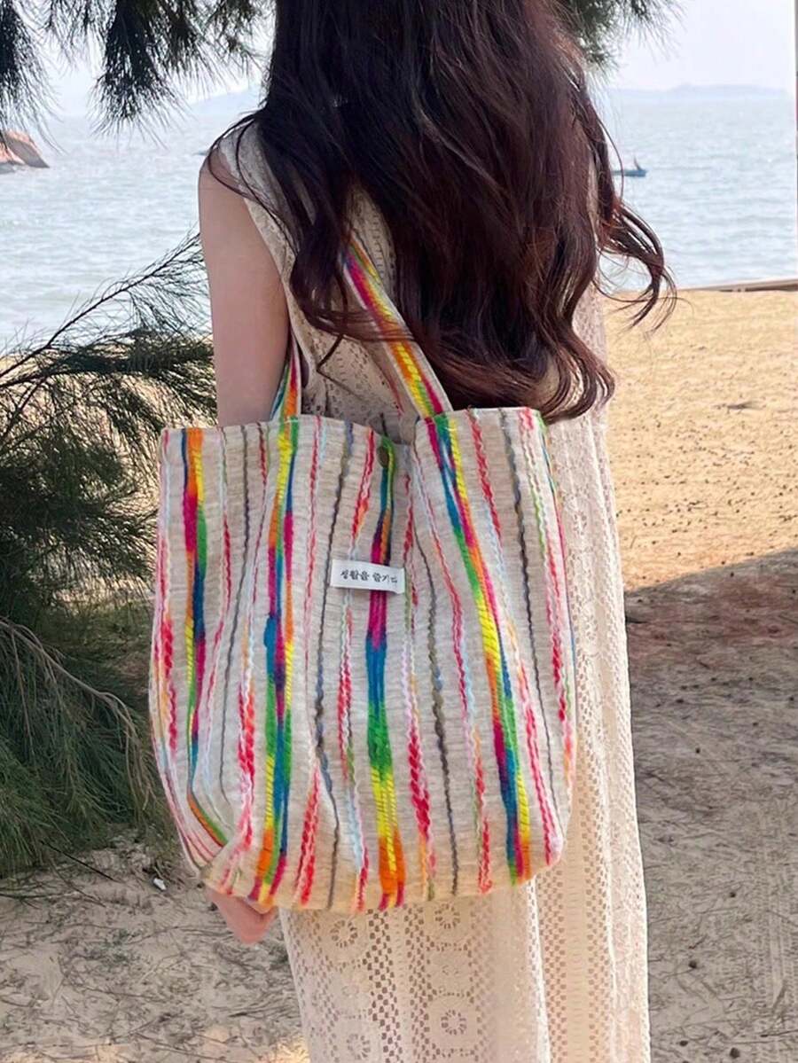 新款秋冬女士羊毛单肩包，时尚彩虹条纹休闲大容量手提包，适合大学生、高中生、办公室通勤、购物、旅行、健身、百搭穿搭 - 杏色 - 查看 1