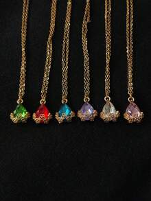 Water Drop Pendant Necklace Zirconia Flower Stainless Steel Chain Gold Choker Women Fashion Elegant Delicate Gift - 淺藍色 - 查看 4