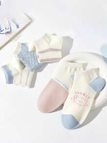 5 Pares (Estilos Aleatórios) Meias Curtas Estilo Japonês para Mulheres, Verão Boca Rasa Listrada Retalhos Urso Corte Baixo Respirável Alto Meias Fofas