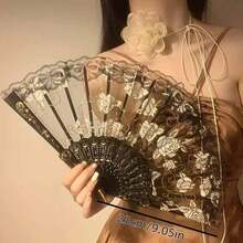 蕾丝玫瑰折扇，女士夏季手扇，婚礼表演扇，舞蹈复古折扇，中式扇子道具，用于礼服摄影 - 黑色玫瑰扇 - 查看 13