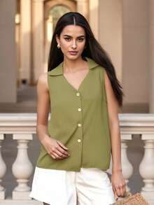 Y2K Women Button-Up Tank Tops Loose Solid Color Lapel V Neck Sleeveless Chiffon Blouse Causal Summer Streetwear - Army Green - View 5