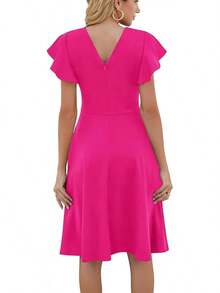 Women's Semi-Formal Ruffle Sleeve V-Back Work Fit And Flare Cocktail Knee Length Dress With Pockets, 2025 Style - 玫瑰 - 查看 2
