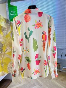 女士时尚新款单排扣长袖鹦鹉、菠萝、仙人掌和羽毛印花衬衫 - 黃色 - 查看 5