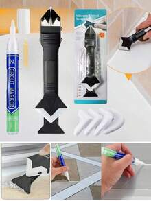 Grout Pen & 3-In-1 Silicone Caulking Tool, Sealant Finishing Tool Grout Remove Scraper & Waterproof Grout Pen For Bathroom Kitchen Floor Window Sink Joint Frames Seal, Ideal For Sealing, Cleaning, And Scraping Glue, Handle For Easy Use, Caulking Tool, Ergonomic Handle