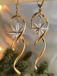 2pcs Elegant Boho Cosmic North Star Spiral Hoop Earrings, Gold Tone, Suitable For Women's Daily Wear, Dating, Holiday, Party, Festival Gifts, Jewelry Gifts - Gold - View 3