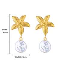 1 par de pendientes colgantes de acero inoxidable con forma de estrella de mar y concha para mujeres, con colgante de perla falsa, joyería de estética de verano para mujer