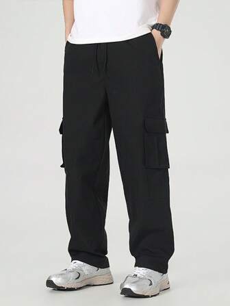 Men's Autumn, And Winter Outdoor Trekking, Fishing, Camping, Mountain Climbing, Fitness, Running, And Casual Fashion Workwear Large-Pocket Elastic Waistband With Drawstring Slant-Pocket Straight-Leg Black Pants