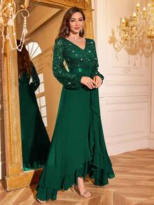 Elisanya Đầm Maxi dự tiệc trang trọng cổ chữ V ren hoa sequin tay áo lồng đèn viền bèo nhún, Đầm dự tiệc thanh lịch cho nữ, Đầm dạ hội trang trọng, Đầm dạ hội, Cho khách dự tiệc cưới, Tốt nghiệp, Tiệc tối - Xem 7