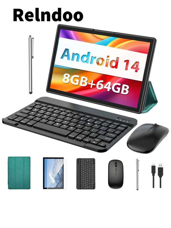 Relndoo Tablette Android 2025 avec clavier, 8 Go de RAM + 64 Go de ROM, tablettes Android 14 10,1 pouces, expansion SD de 1 To, écran HD IPS 1280 * 800, WiFi 2.4g + 5g, Batterie 8000mAh, port Type-C, double caméra 5MP + 8MP, avec clavier gratuit, souris, stylet, étui , film protecteur, ligne de données (sans adaptateur)
