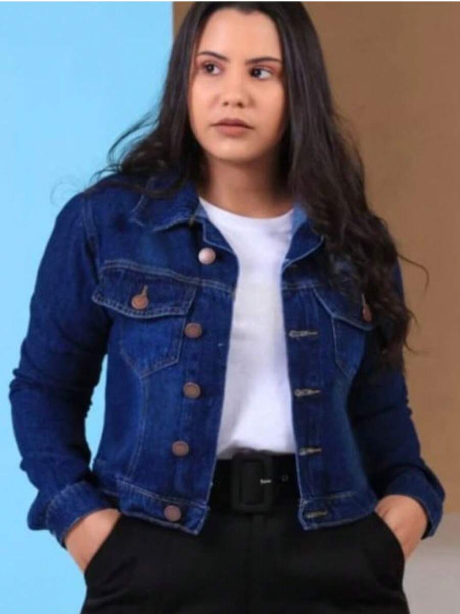 Women's Long Sleeve Destroyed Denim Jacket Dark Blue Wash - Navy Blue - View 1