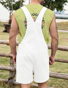 Overalls Men Jean Shorts Jumpsuit Work Bibs Coveralls With Zipper, Men's - 白色 - 查看 2