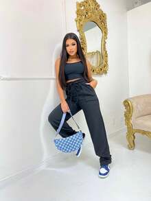 Women's Premium Flannel Sweatpants, Wide Leg Pants With Functional Pockets, Thick Fabric, High Waist, Winter, Cold, Modern, Plain, Basic, Autumn, Versatile, Modern, Comfortable, Plain, Casual, Elegant, Warm, Quality - Black - View 1