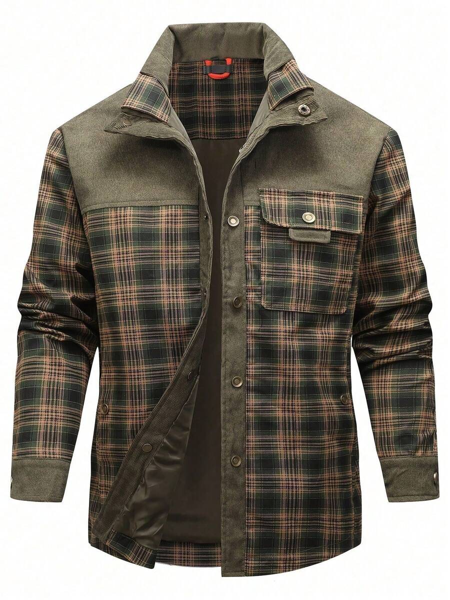 Men's Retro American Style Multi-Pocket Plaid Shirt Jacket - Classic Grid Workwear Design, H-Silhouette Regular Fit, Machine Washable Spring/Fall Casual Outdoor & Fashion Matching Coat, Spring Outerwear, Vintage Aesthetic, Quality Stitching, Streetwear Lovers - xanh quân đội - Xem 1