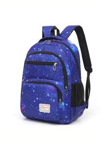 Casual High Capacity Starry Sky Print Multi-Pocket Functional Backpack, Men's Portable School College Style Bookbag For Study, Errands, Travel