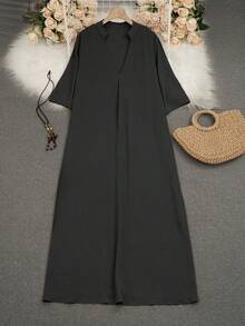 2025 Fashionable French Style Long Dress, Spring/Summer, V-Neck, Slit, French Vacation Dress, Retro, Minimalist, Suitable For Beach, Suitable For Seaside - Black - View 3