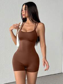 1pc Women's Sexy Adjustable Straps Jumpsuit, Sports & Fitness Yoga Romper Shapewear Jumpsuit - Brown - View 7